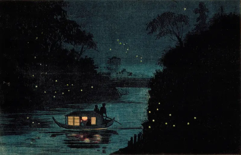Woodblock print by Kobayashi Kiyochika depicting fireflies in a night landscape