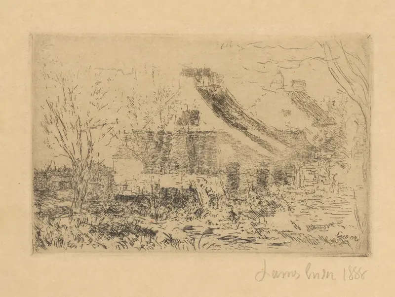 Huisjes in Mariakerke by James Ensor, oil painting of colorful houses and muted earth.