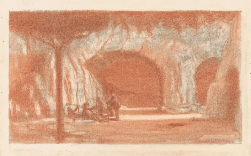 Figures resting in a cave, oil on canvas by Herbert Crowley
