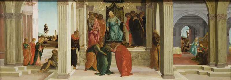 Three Scenes from the Story of Esther by Sandro Botticelli depicts pivotal moments from the biblical story.