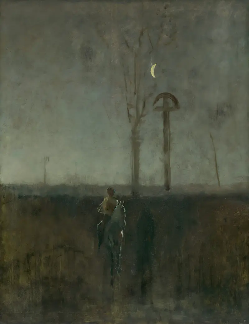 Landscape with rider by Ladislav Mednyánszky, oil painting featuring a solitary rider in nature.