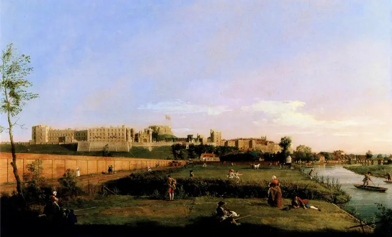 A serene view of Windsor Castle from the Thames, showcasing boats and figures along the shore.