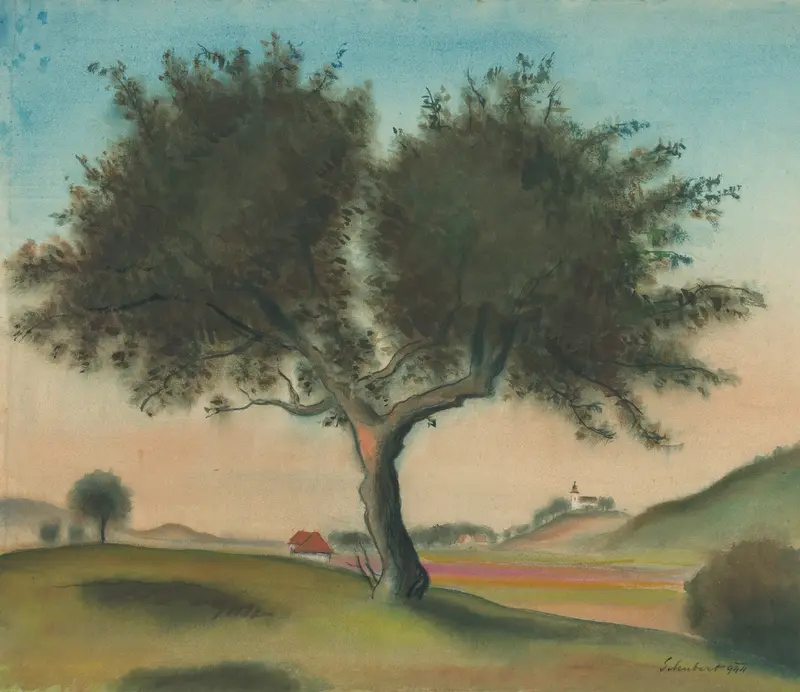 Landscape with a Tree by Július Schubert, oil painting depicting a solitary tree in a muted landscape.