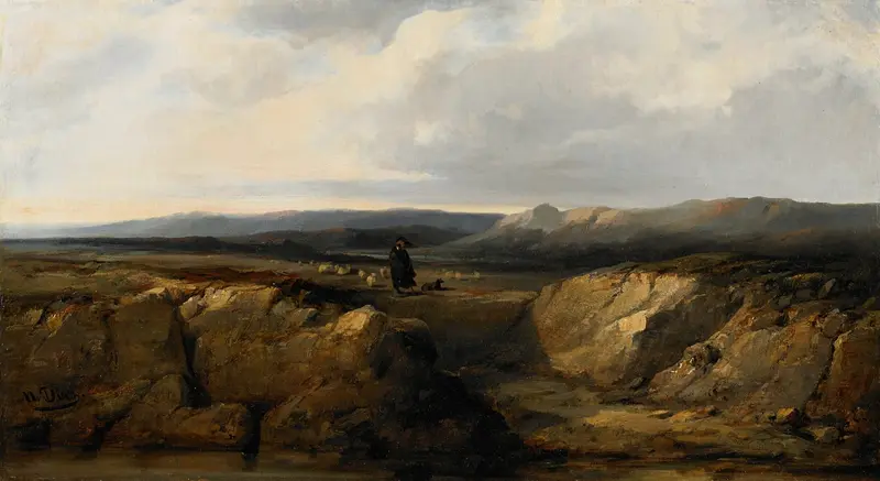 Genre scene depicting a shepherd with his flock, oil painting by Narcisse-Virgile Diaz de La Peña