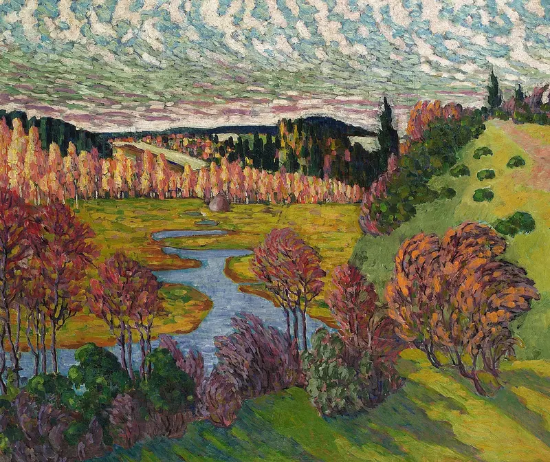 Sügismaastik by Konrad Mägi, oil painting depicting autumn landscape with hills and earth tones.