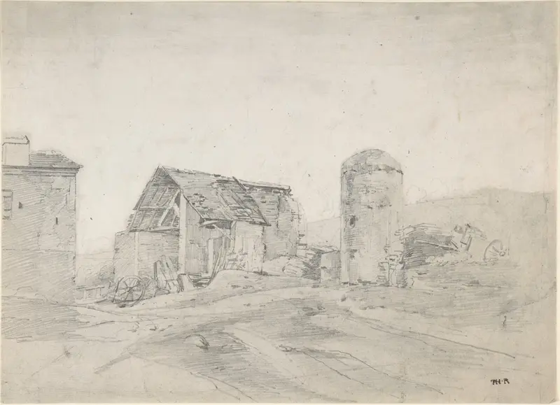 Farmyard in Normandy by Théodore Rousseau, oil painting depicting a rustic farmhouse and lush greenery