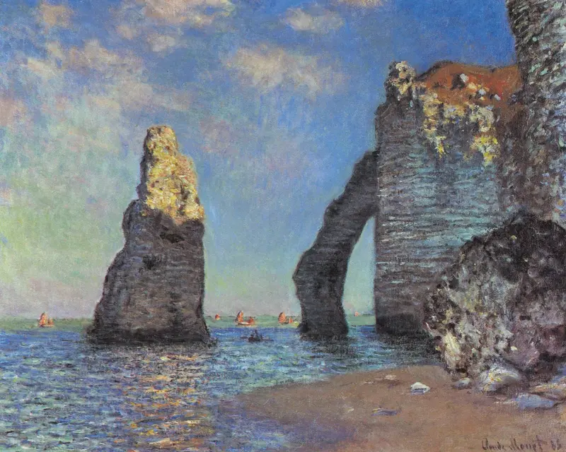 A depiction of the dramatic cliffs at Étretat by Claude Monet, showcasing the interplay of light and sea.