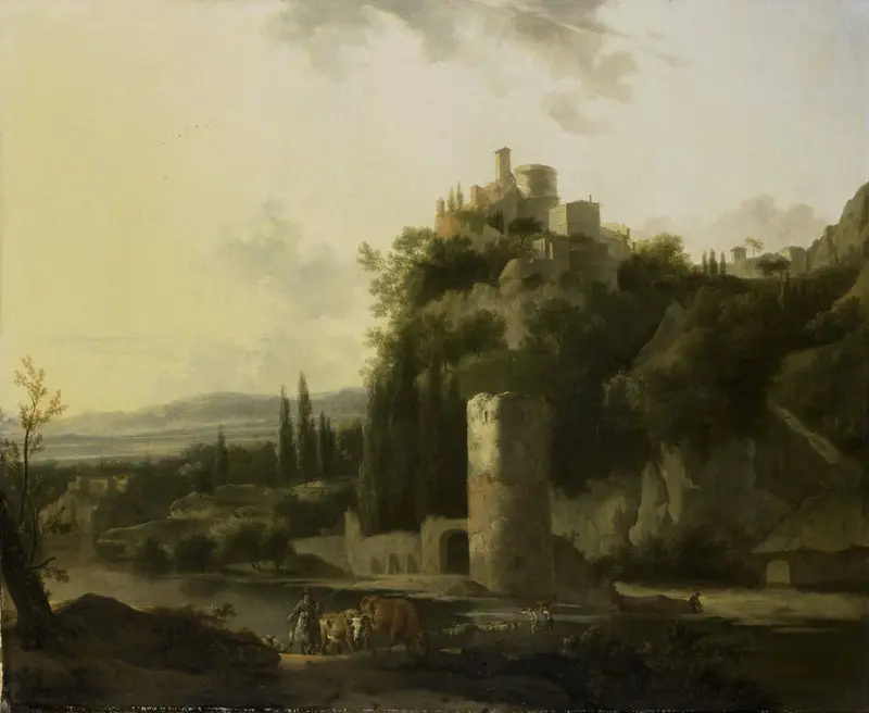 Italian landscape with a round tower, oil on canvas by Frederik de Moucheron