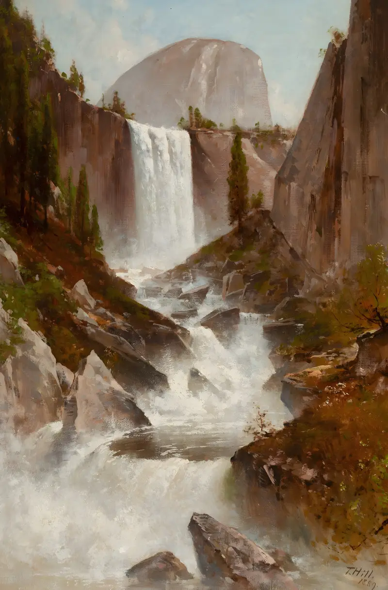 Vernal Falls, Yosemite by Thomas Hill, oil on canvas depicting a waterfall and granite cliffs.