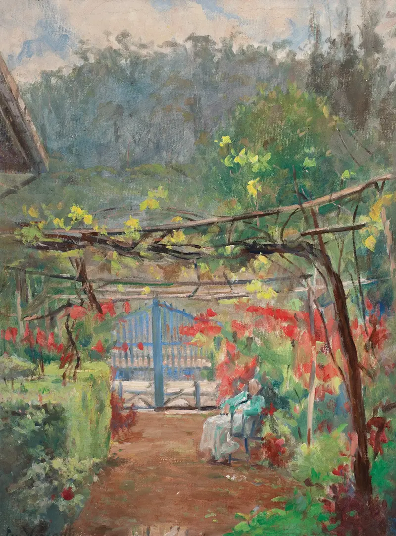 Figurative scene of a person resting in a garden, oil painting by Eliseu Visconti