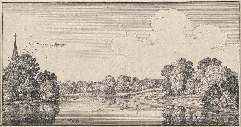 Riviergezicht met zwanen nabij Albury, etching by Wenceslaus Hollar showing swans gliding on a tranquil river