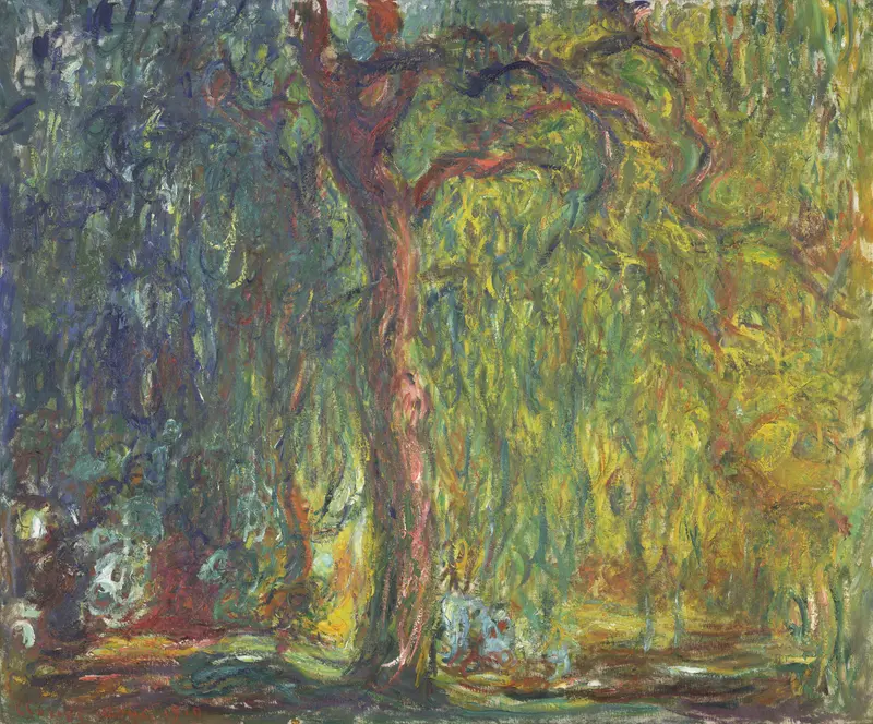 A massive weeping willow tree with a thick trunk and dense, cascading green, yellow, and blue leaves filling the canvas.