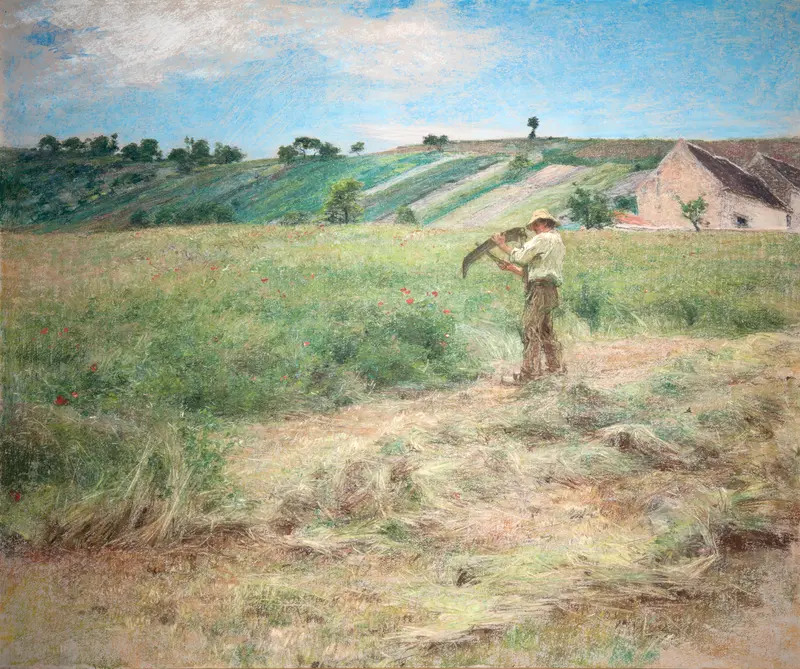 Haymaking by Léon Augustin Lhermitte, oil on canvas depicting farmers working in golden sunlight.