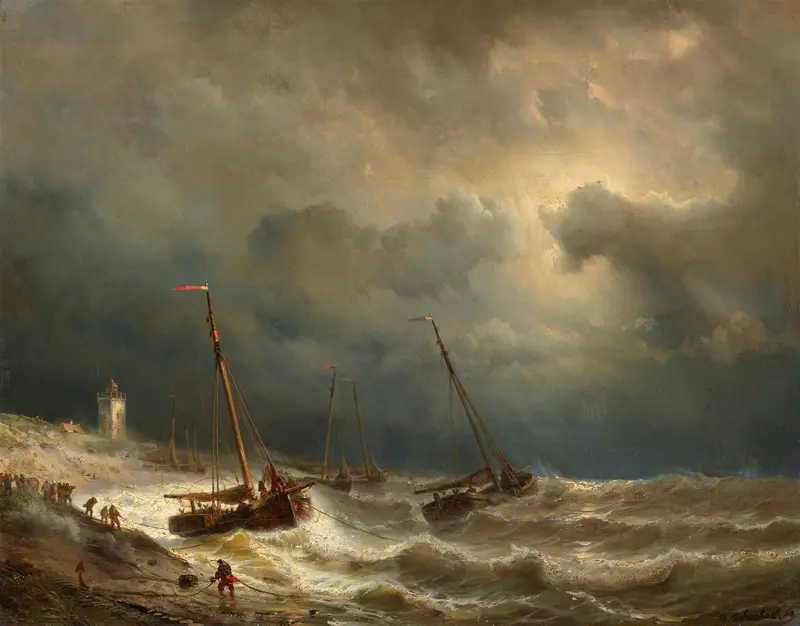 Segelschiffe an einer stürmischen Küste by Andreas Achenbach, oil painting depicting ships in a stormy sea.