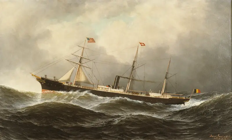 Marine scene featuring the Belgian steamer 'Ludwig' at sea, oil painting by Antonio Jacobsen