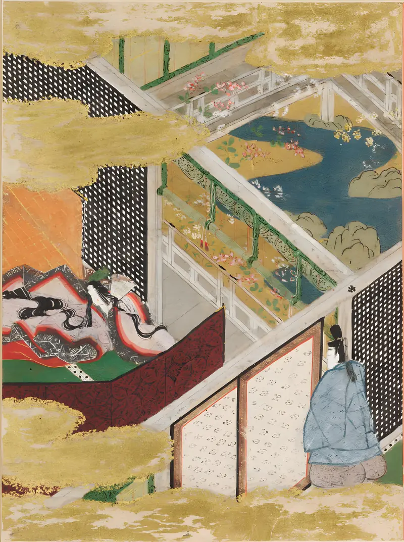 The Eastern Cottage by Tosa Mitsunobu, gold, serene landscape with cottage and willow trees