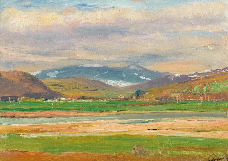A Spring Landscape at the Foot of the Tatras by Ladislav Mednyánszky, impressionism, depicting hills and a winding path.