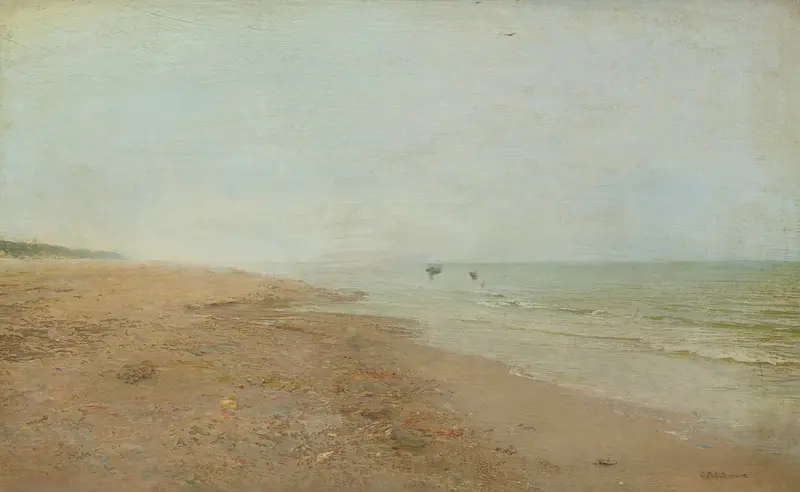 Marine scene depicting shoreline and waves, oil painting by Ivan Pavlovich Pokhitonov, 1911