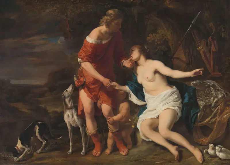 Venus and Adonis, oil on canvas by Ferdinand Bol, shows Venus and Amor urging Adonis against a boar hunt.
