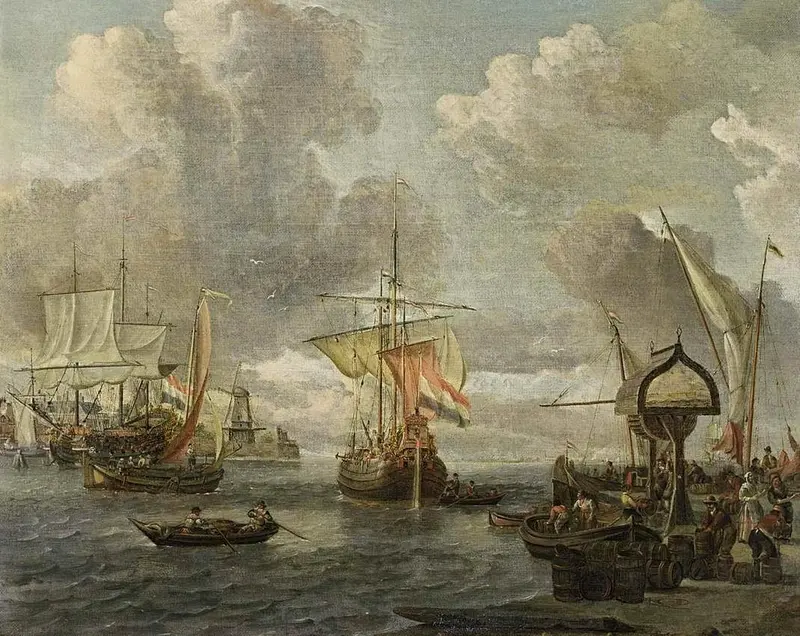 A bustling Dutch harbour scene with ships, figures, and barrels against a cloudy sky.