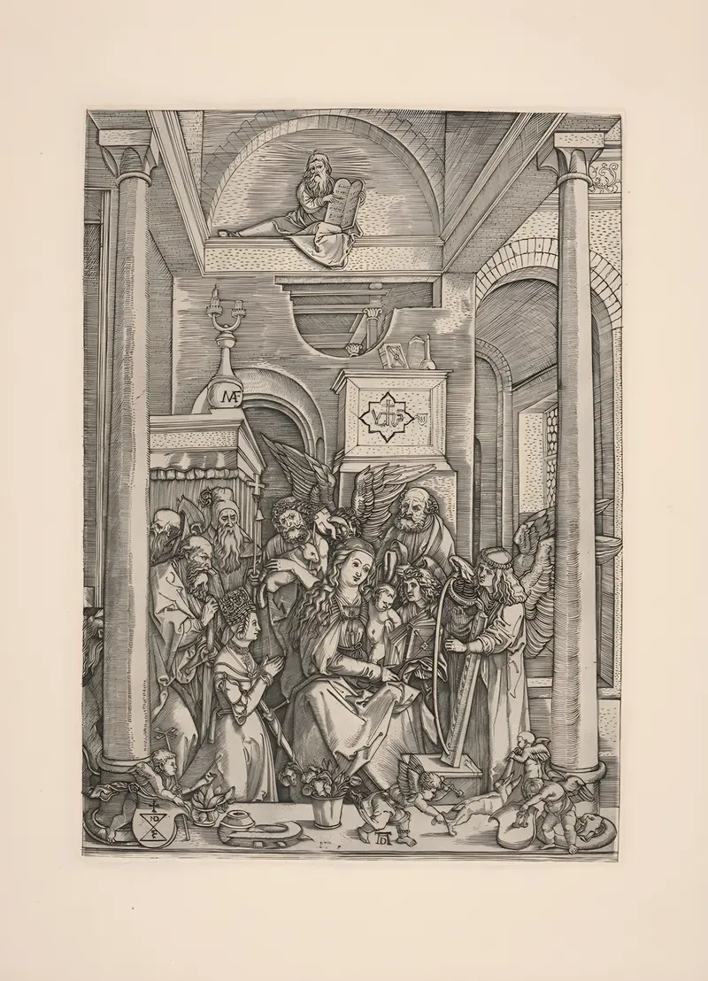 This painting depicts the Virgin Mary surrounded by angels and saints.
