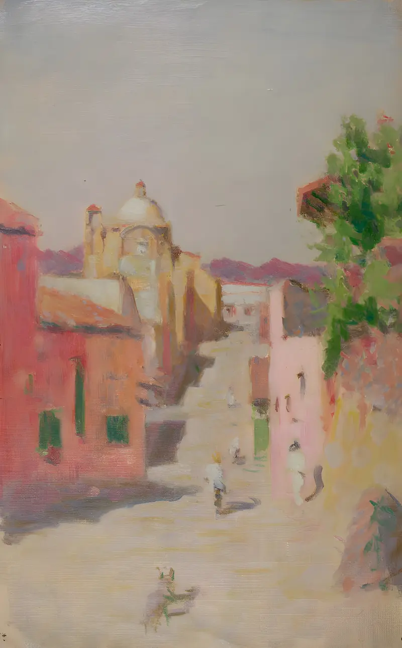 Genre scene with figures and an animal, oil painting by Denman Waldo Ross