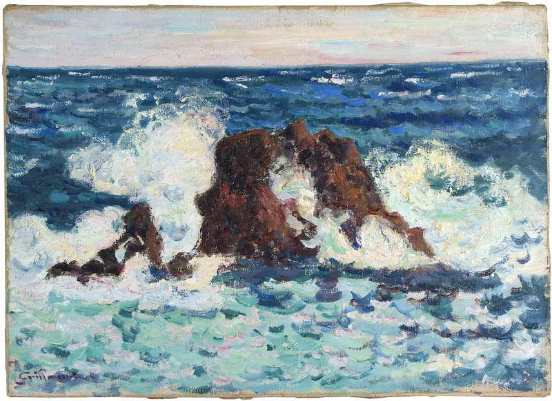 A dynamic seascape with waves crashing against rocks, showcasing vibrant colors and energetic brushwork.