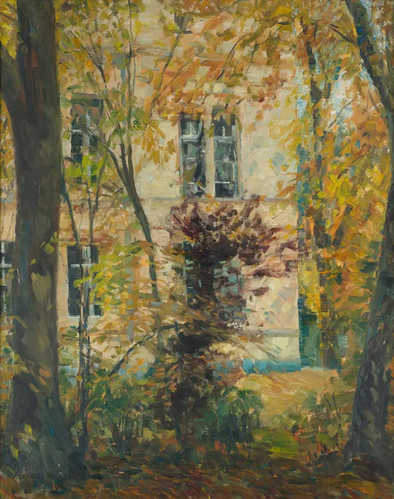 Landscape oil painting by Ulrich Hübner featuring a house and garden