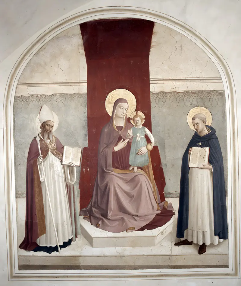 Fra Angelico's Madonna and Child with Augustine and Thomas depicts a serene moment of devotion.
