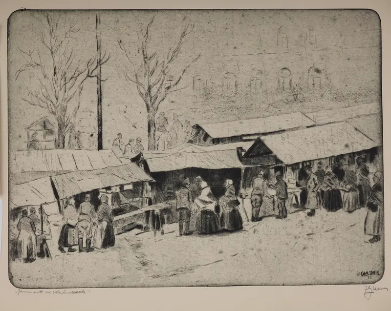 Genre scene depicting a fair with lively figures by Jakub Glasner, 1918