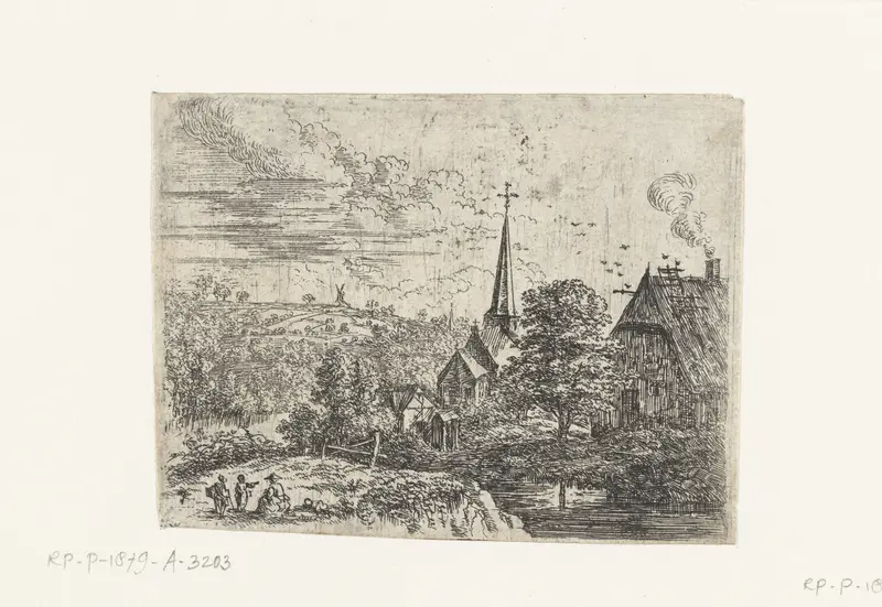 Etching by Lucas van Uden depicting a village by a river under a gentle sky