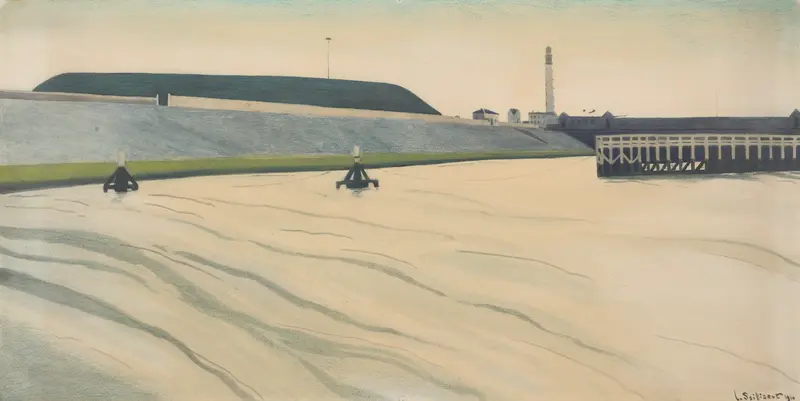 Haven te Oostende by Léon Spilliaert, oil on canvas, depicting tumultuous waves and a muted shoreline.