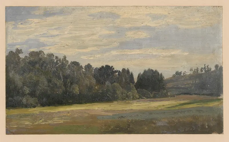Landscape near Trzebnica by Adolf Dressler, oil painting of a tranquil natural scene.