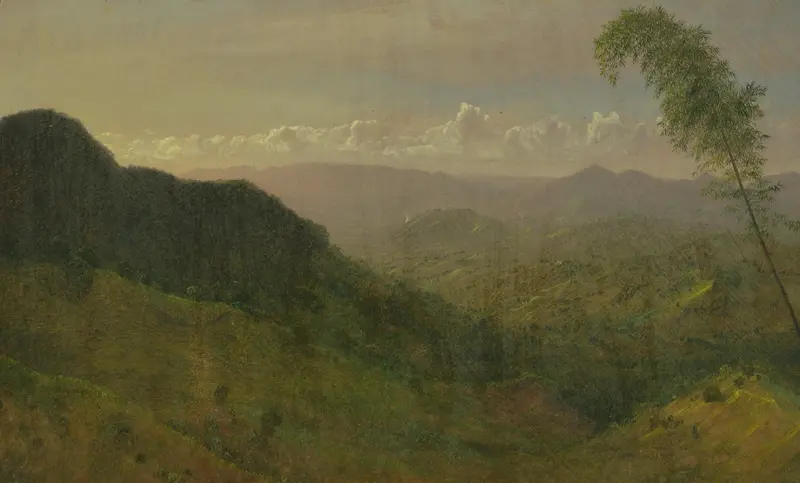 Hilly Landscape by Frederic Edwin Church, oil painting depicting rolling hills under warm golden light.