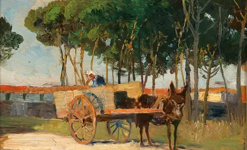 A donkey cart is depicted in a lush southern landscape with trees and hills in the background.