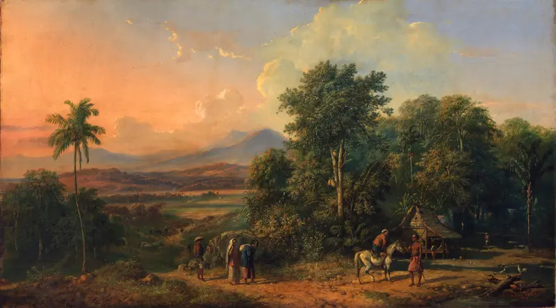 Forest and Native House by Raden Saleh, oil on canvas depicting a serene forest with a native house.