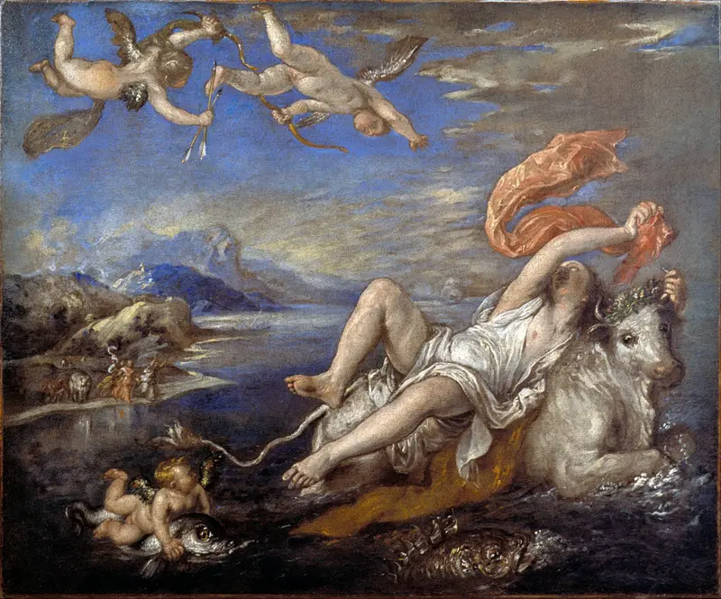 Europa lies twisted on a white bull adorned with a flower garland, clutching a red scarf as they move through choppy water with putti flying above and figures on a distant shore.
