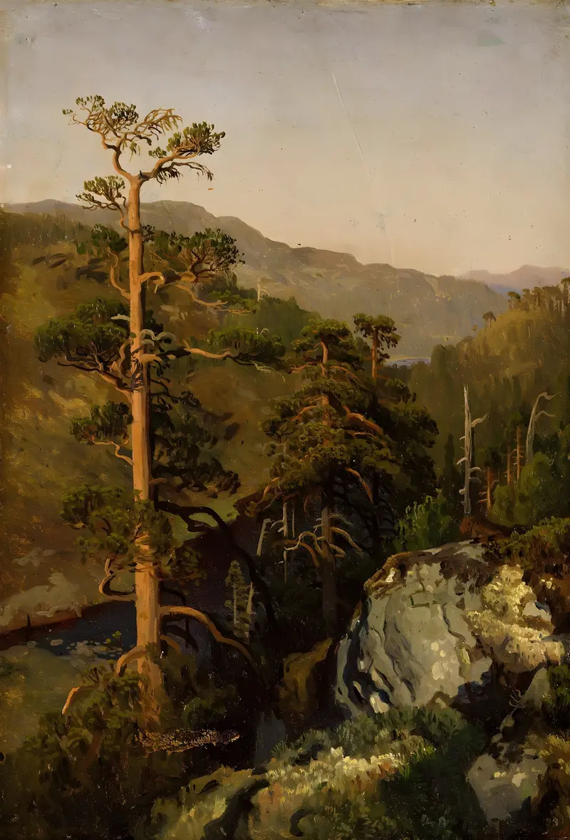 Rocky Landscape with Pinetrees by August Cappelen, oil on canvas depicting rocky cliffs and pine trees