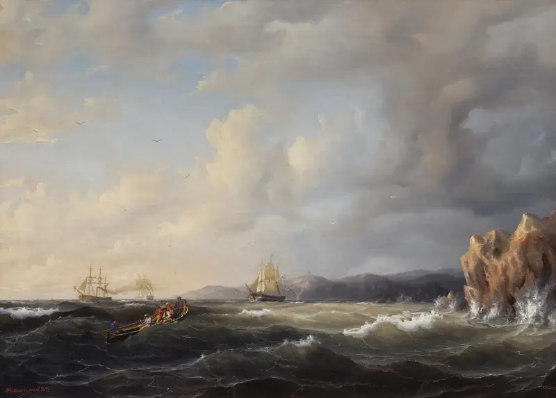 Marine scene with boats and sails by Marcus Larson, oil painting