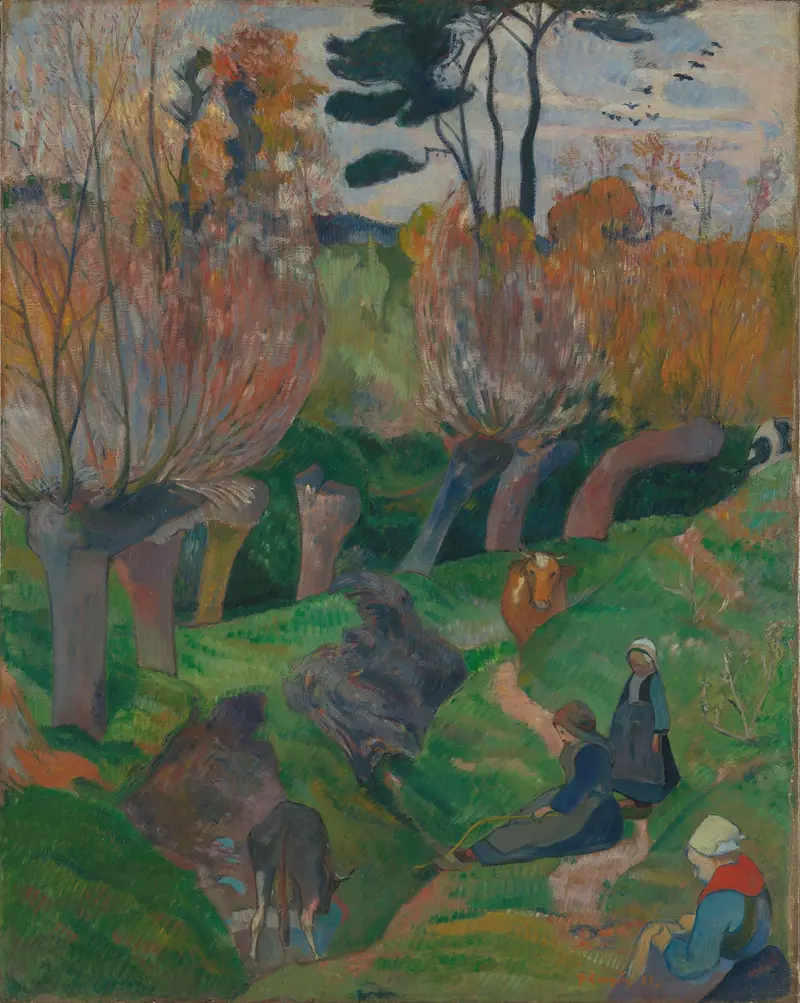 Landscape by Paul Gauguin, oil on canvas, featuring vibrant hues and golden light.