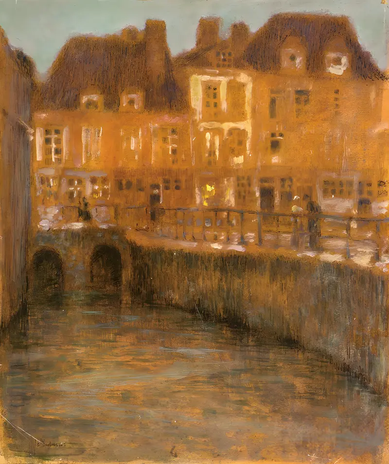 A serene landscape painting by Henri Le Sidaner depicting a canal at dusk.