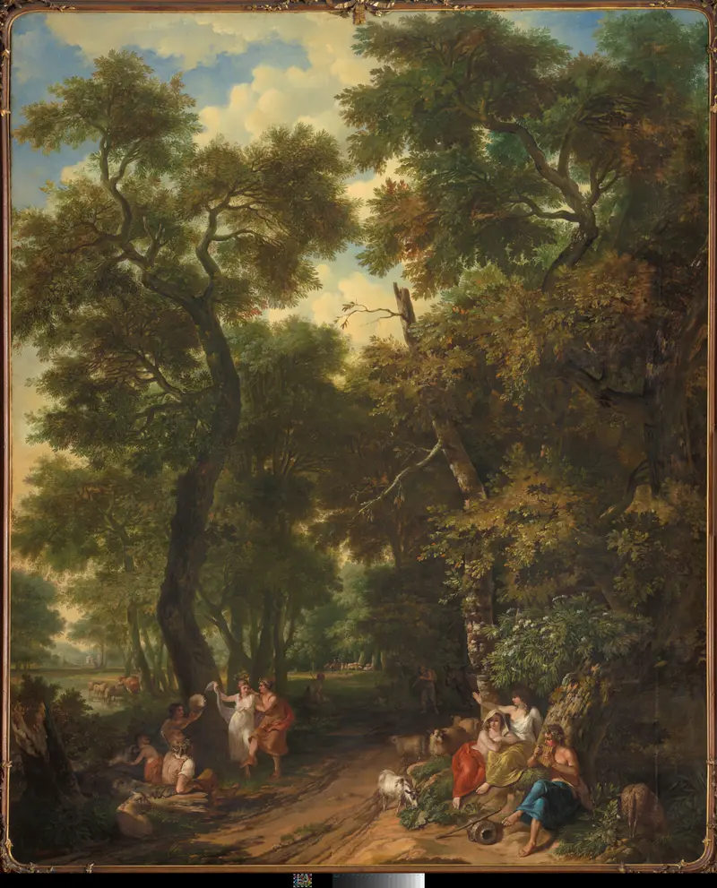 Arcadisch landschap met musicerende en dansende herders, oil on canvas by Jurriaan Andriessen