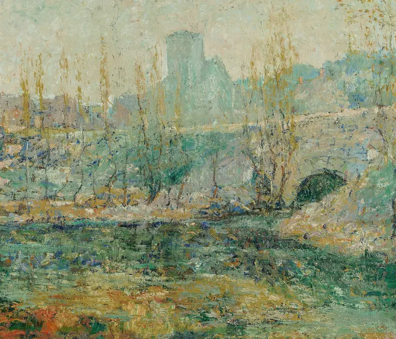 The Pond and Gapstow Bridge, oil on canvas by Ernest Lawson, depicting a serene landscape with autumn colors.