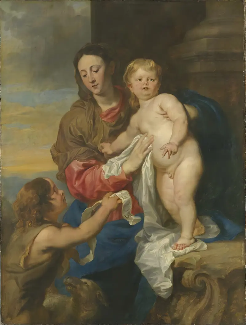 Madonna and Child with Child St John by Anthony van Dyck, depicting a tender moment between the Virgin Mary, Christ, and John the Baptist.