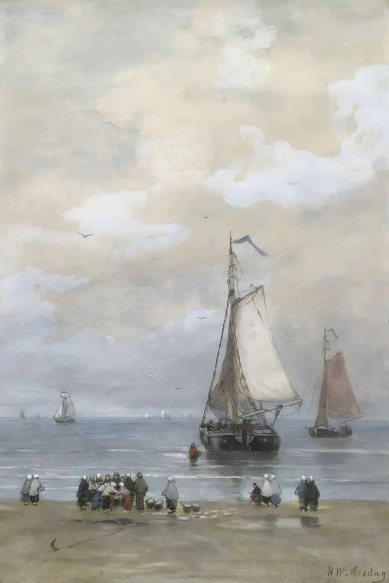 Sorting The Catch, oil on canvas by Hendrik Willem Mesdag, depicting fishermen on the shoreline.