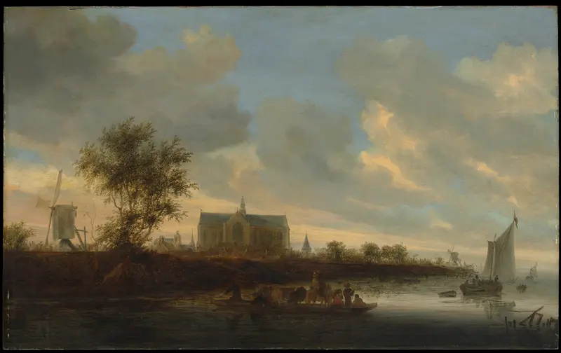 Landscape oil painting by Salomon van Ruysdael depicting a town with roofs and a vibrant sky.