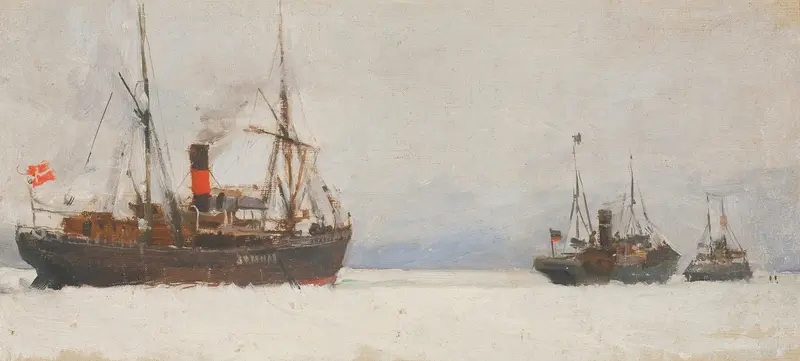 Höyrylaivoja by Akseli Gallen-Kallela, oil painting depicting steamships on turbulent waters