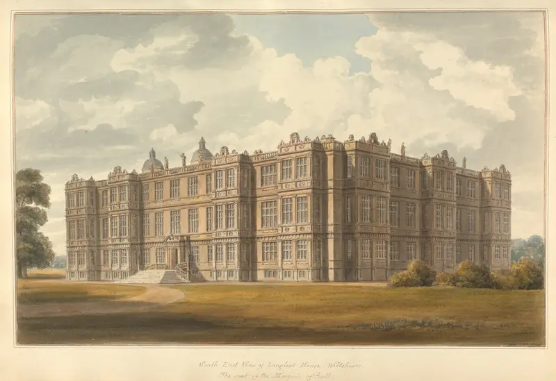 South East View of Longleat House by John Buckler, oil painting depicting grand architecture in a lush landscape