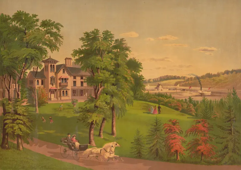 Landscape depicting deep blues and greenery by F. Gleason