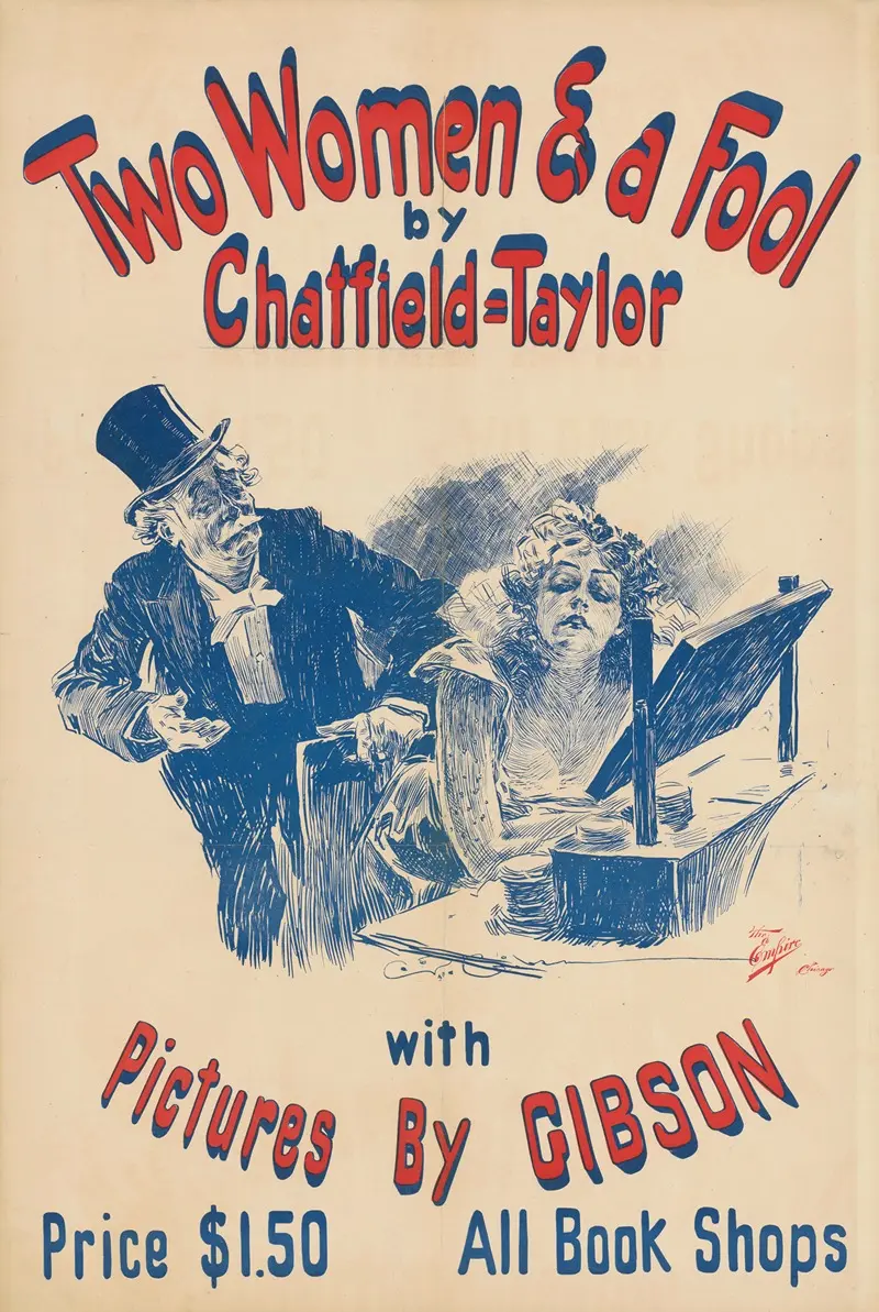 A playful social satire featuring two elegantly dressed women and a bemused man.